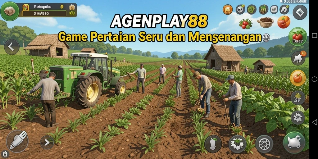 Tampilan gameplay AGENPLAY88 dengan ladang subur dan hewan ternak aktif.