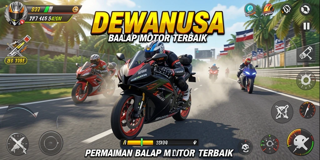 Tampilan utama gameplay DEWANUSA dengan aksi balap motor yang menarik.